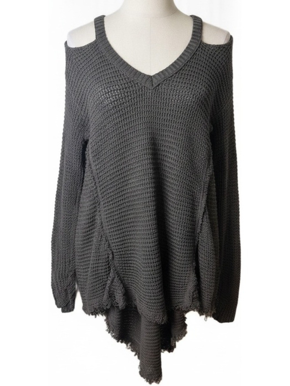 Saks Fifth Avenue Olive Brown Waffle Knit Distressed Cold Shoulder Sweater M
